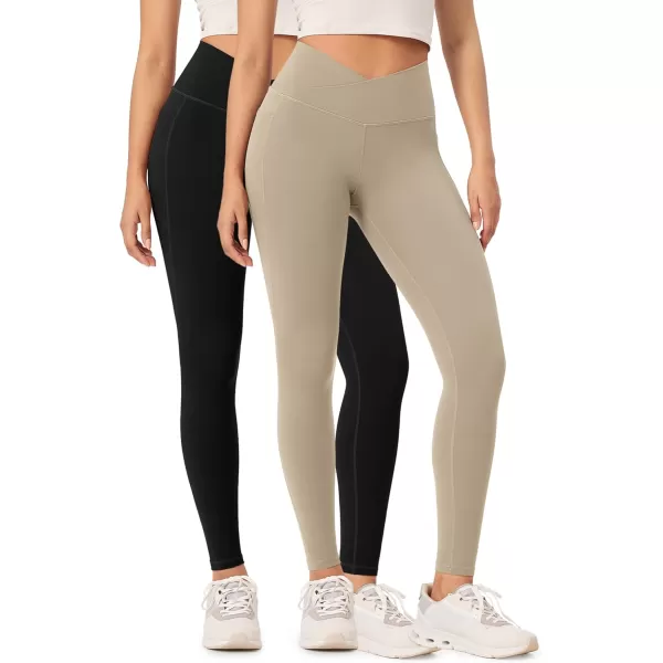 ODODOS 2 Pack Buttery Soft Cross Waist Leggings with Pockets for Women ODCLOUD 25quot  28quot Crossover Lounge Yoga PantsBlackshaker Beige