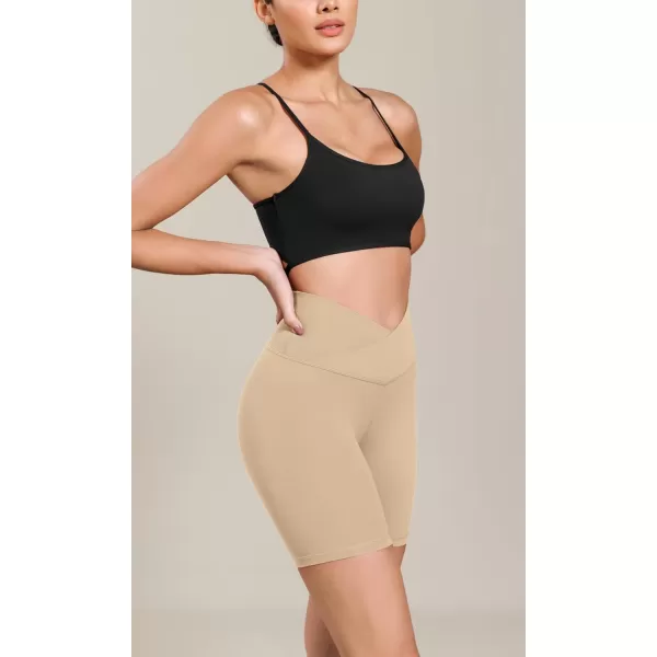 ODODOS Cloud Feeling Cross Waist Yoga Shorts for Women 6quot Crossover High Waist Lounge Biker ShortsBeige