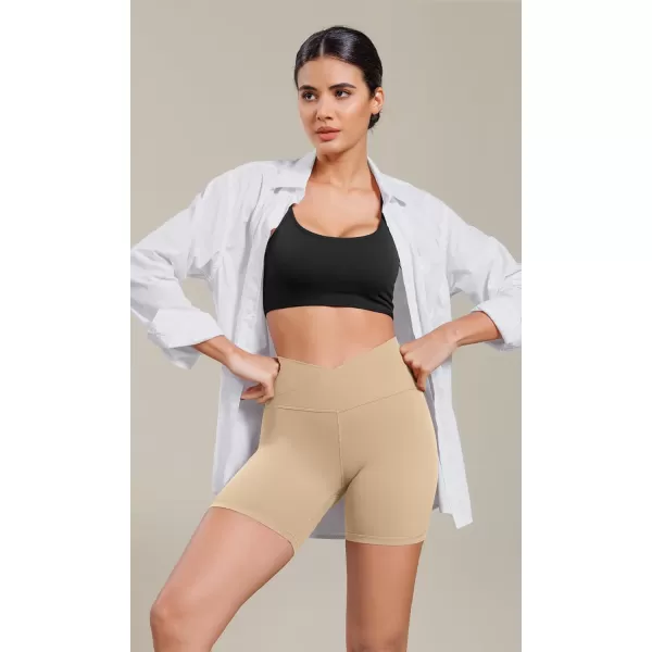 ODODOS Cloud Feeling Cross Waist Yoga Shorts for Women 6quot Crossover High Waist Lounge Biker ShortsBeige