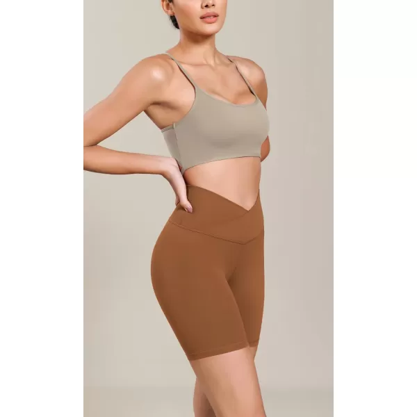 ODODOS Cloud Feeling Cross Waist Yoga Shorts for Women 6quot Crossover High Waist Lounge Biker ShortsCaramel