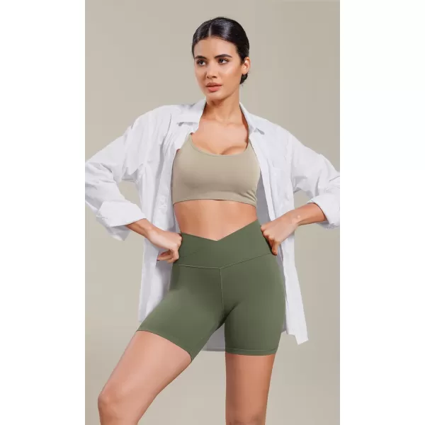 ODODOS Cloud Feeling Cross Waist Yoga Shorts for Women 6quot Crossover High Waist Lounge Biker ShortsDark Olive