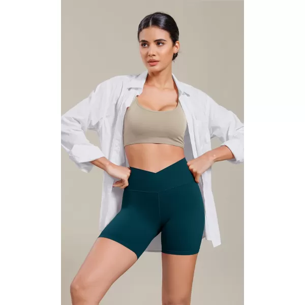ODODOS Cloud Feeling Cross Waist Yoga Shorts for Women 6quot Crossover High Waist Lounge Biker ShortsForest Teal