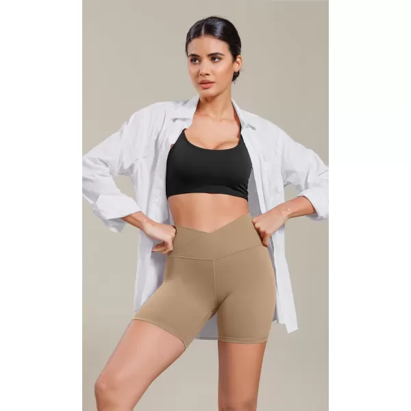 ODODOS Cloud Feeling Cross Waist Yoga Shorts for Women 6quot Crossover High Waist Lounge Biker ShortsLight Brown