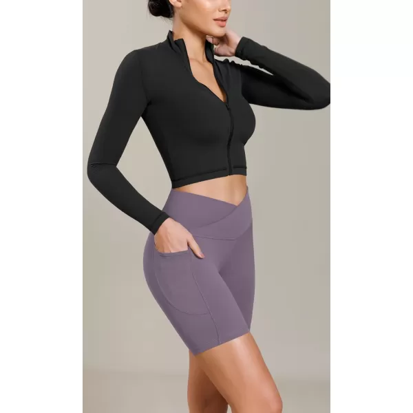 ODODOS Cloud Feeling Cross Waist Yoga Shorts with Pockets for Women 6quot Crossover High Waist Lounge Biker ShortsAsh Violet