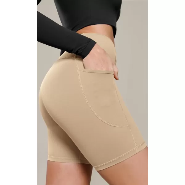 ODODOS Cloud Feeling Cross Waist Yoga Shorts with Pockets for Women 6quot Crossover High Waist Lounge Biker ShortsBeige