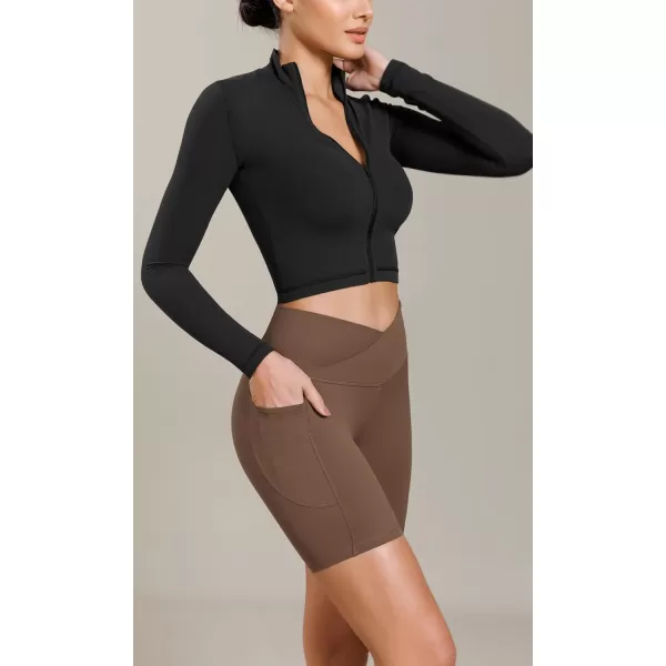 ODODOS Cloud Feeling Cross Waist Yoga Shorts with Pockets for Women 6quot Crossover High Waist Lounge Biker ShortsBrunette