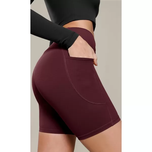 ODODOS Cloud Feeling Cross Waist Yoga Shorts with Pockets for Women 6quot Crossover High Waist Lounge Biker ShortsBurgundy