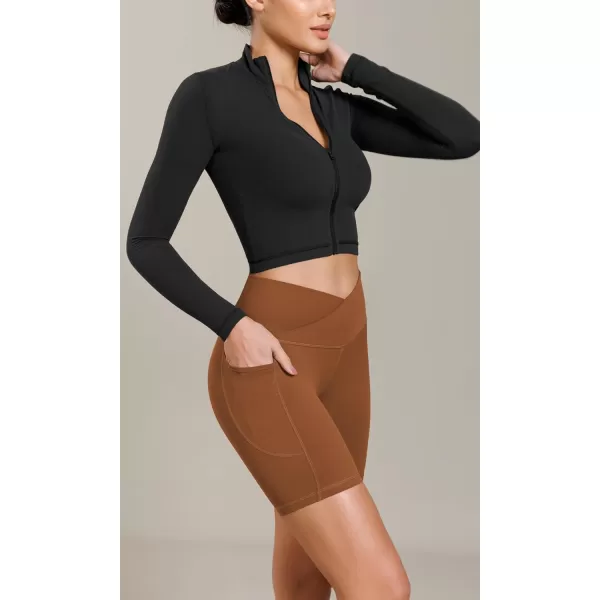 ODODOS Cloud Feeling Cross Waist Yoga Shorts with Pockets for Women 6quot Crossover High Waist Lounge Biker ShortsCaramel
