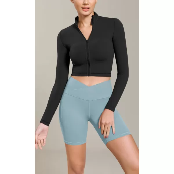 ODODOS Cloud Feeling Cross Waist Yoga Shorts with Pockets for Women 6quot Crossover High Waist Lounge Biker ShortsChambray