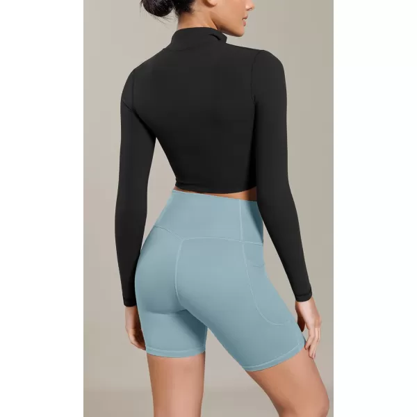 ODODOS Cloud Feeling Cross Waist Yoga Shorts with Pockets for Women 6quot Crossover High Waist Lounge Biker ShortsChambray