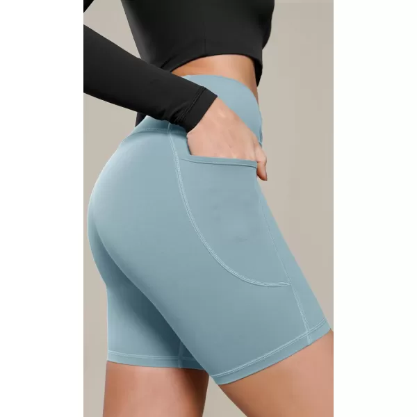 ODODOS Cloud Feeling Cross Waist Yoga Shorts with Pockets for Women 6quot Crossover High Waist Lounge Biker ShortsChambray