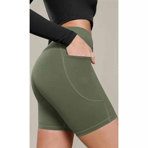 ODODOS Cloud Feeling Cross Waist Yoga Shorts with Pockets for Women 6quot Crossover High Waist Lounge Biker ShortsDark Olive