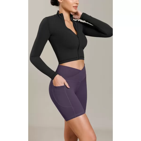 ODODOS Cloud Feeling Cross Waist Yoga Shorts with Pockets for Women 6quot Crossover High Waist Lounge Biker ShortsDark Purple