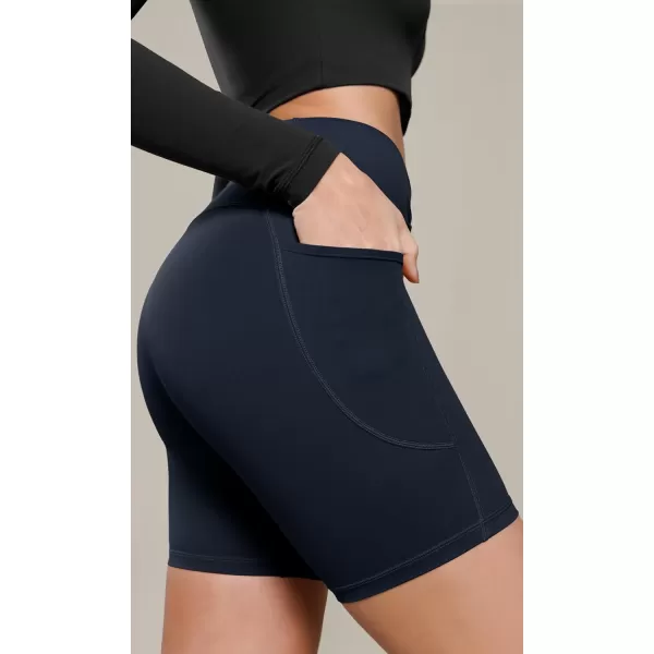 ODODOS Cloud Feeling Cross Waist Yoga Shorts with Pockets for Women 6quot Crossover High Waist Lounge Biker ShortsDeep Navy