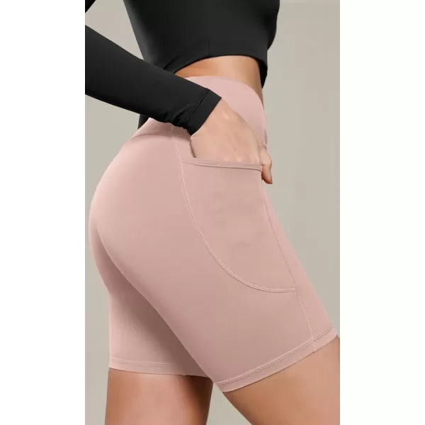 ODODOS Cloud Feeling Cross Waist Yoga Shorts with Pockets for Women 6quot Crossover High Waist Lounge Biker ShortsDusty Pink