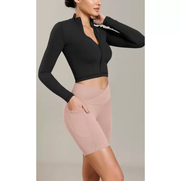 ODODOS Cloud Feeling Cross Waist Yoga Shorts with Pockets for Women 6quot Crossover High Waist Lounge Biker ShortsDusty Pink