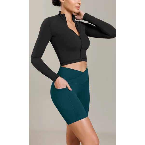 ODODOS Cloud Feeling Cross Waist Yoga Shorts with Pockets for Women 6quot Crossover High Waist Lounge Biker ShortsForest Teal