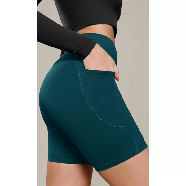 ODODOS Cloud Feeling Cross Waist Yoga Shorts with Pockets for Women 6quot Crossover High Waist Lounge Biker ShortsForest Teal
