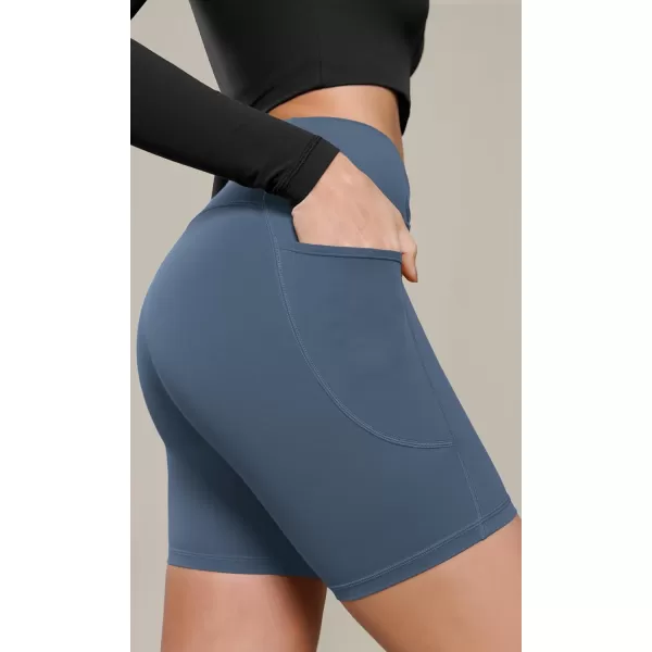 ODODOS Cloud Feeling Cross Waist Yoga Shorts with Pockets for Women 6quot Crossover High Waist Lounge Biker ShortsInk Blue
