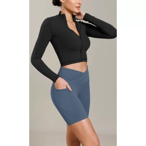 ODODOS Cloud Feeling Cross Waist Yoga Shorts with Pockets for Women 6quot Crossover High Waist Lounge Biker ShortsInk Blue