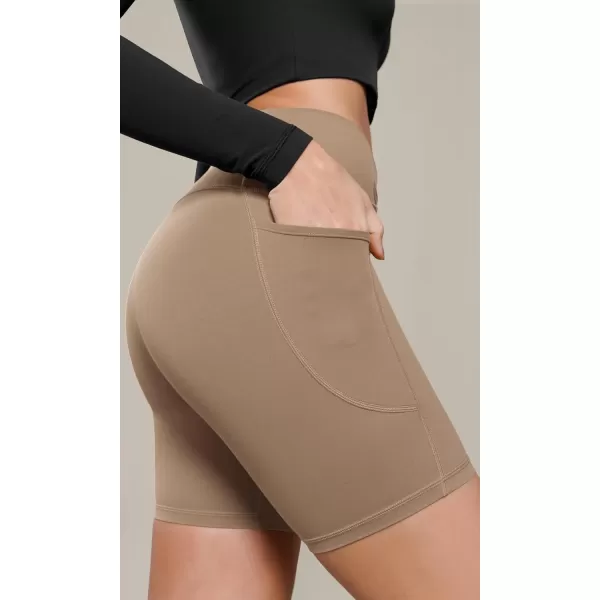 ODODOS Cloud Feeling Cross Waist Yoga Shorts with Pockets for Women 6quot Crossover High Waist Lounge Biker ShortsLight Brown