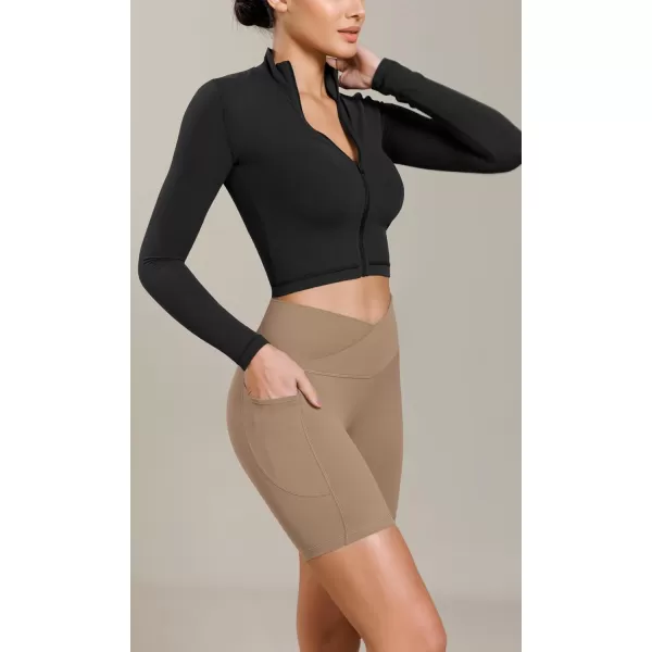 ODODOS Cloud Feeling Cross Waist Yoga Shorts with Pockets for Women 6quot Crossover High Waist Lounge Biker ShortsLight Brown