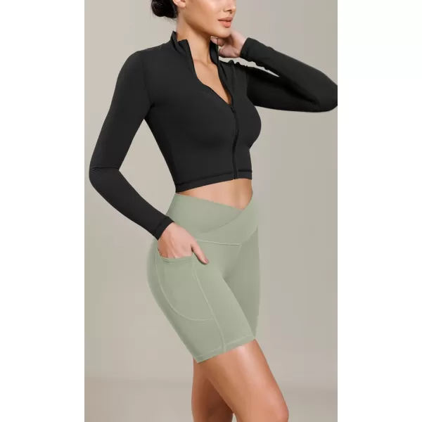 ODODOS Cloud Feeling Cross Waist Yoga Shorts with Pockets for Women 6quot Crossover High Waist Lounge Biker ShortsLime Stone