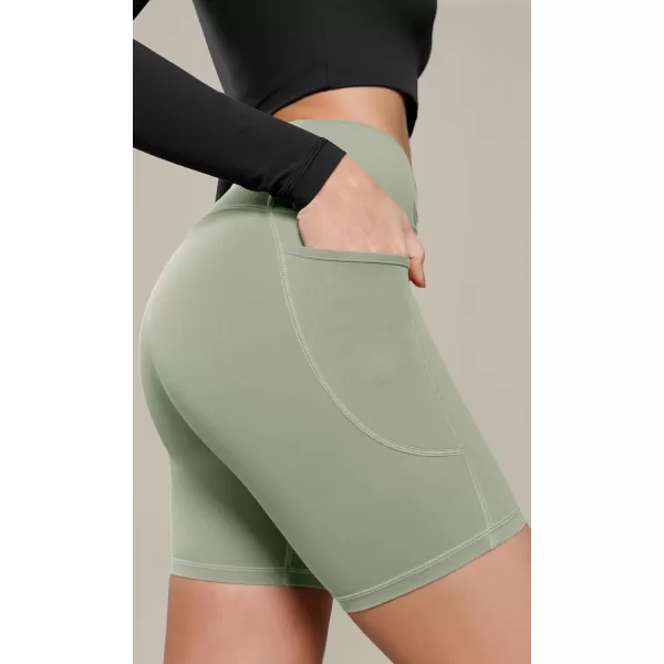 ODODOS Cloud Feeling Cross Waist Yoga Shorts with Pockets for Women 6quot Crossover High Waist Lounge Biker ShortsLime Stone