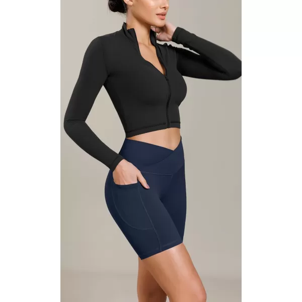 ODODOS Cloud Feeling Cross Waist Yoga Shorts with Pockets for Women 6quot Crossover High Waist Lounge Biker ShortsNavy