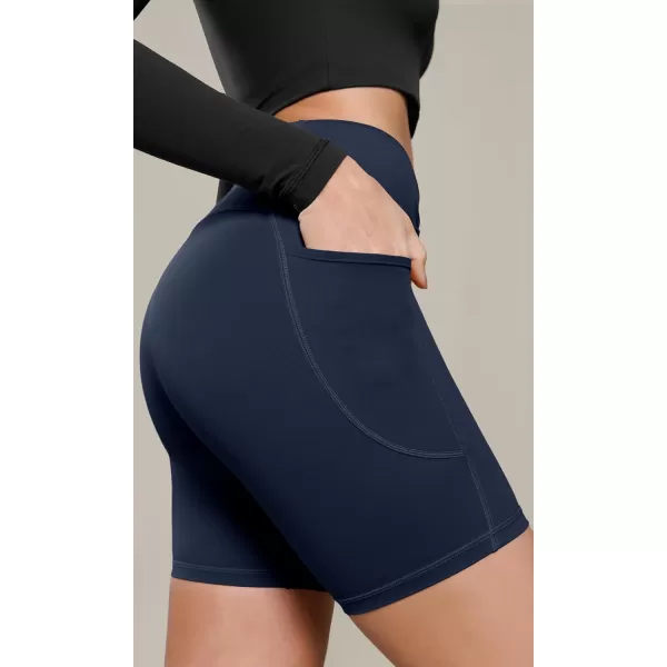 ODODOS Cloud Feeling Cross Waist Yoga Shorts with Pockets for Women 6quot Crossover High Waist Lounge Biker ShortsNavy