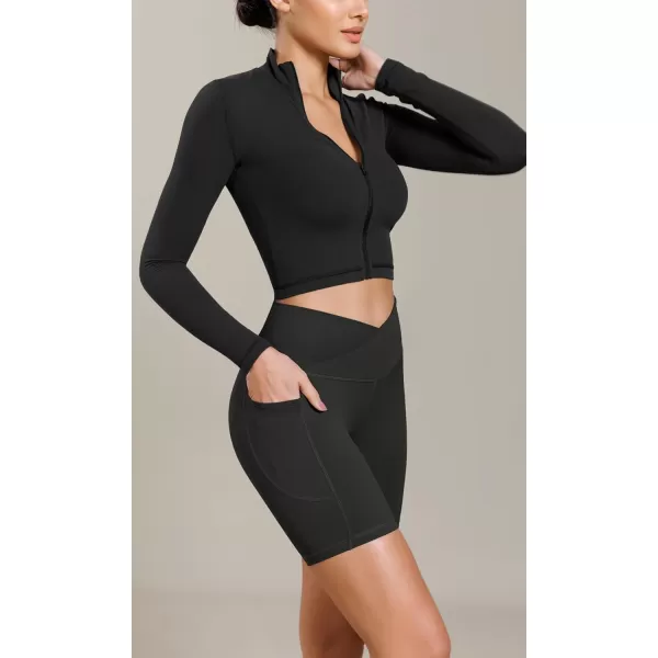ODODOS Cloud Feeling Cross Waist Yoga Shorts with Pockets for Women 6quot Crossover High Waist Lounge Biker ShortsOnyx Black Grey
