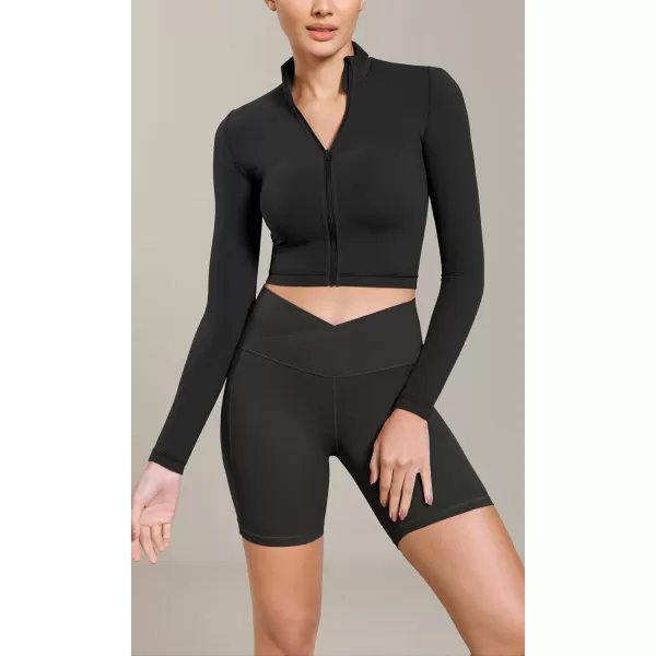 ODODOS Cloud Feeling Cross Waist Yoga Shorts with Pockets for Women 6quot Crossover High Waist Lounge Biker ShortsOnyx Black Grey