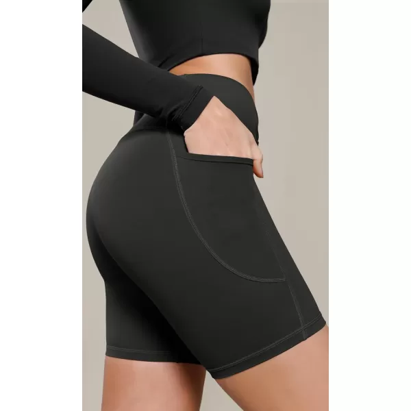 ODODOS Cloud Feeling Cross Waist Yoga Shorts with Pockets for Women 6quot Crossover High Waist Lounge Biker ShortsOnyx Black Grey