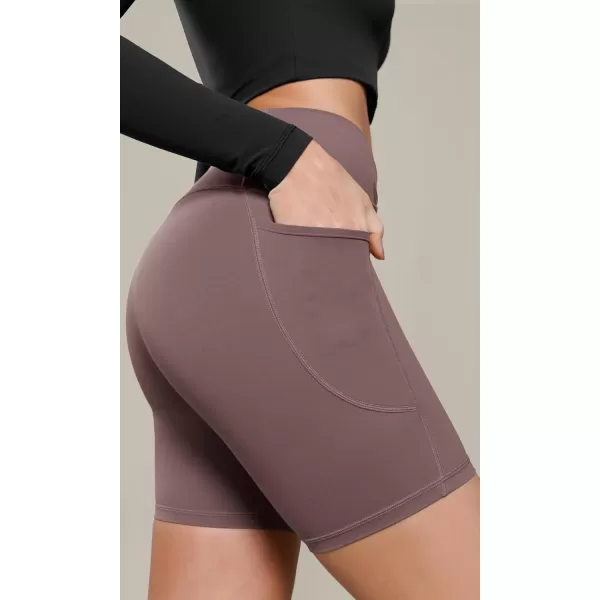 ODODOS Cloud Feeling Cross Waist Yoga Shorts with Pockets for Women 6quot Crossover High Waist Lounge Biker ShortsPurple Taupe