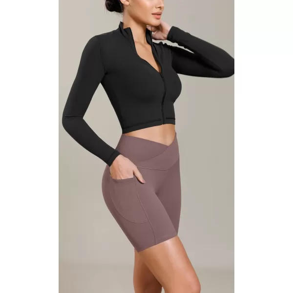 ODODOS Cloud Feeling Cross Waist Yoga Shorts with Pockets for Women 6quot Crossover High Waist Lounge Biker ShortsPurple Taupe