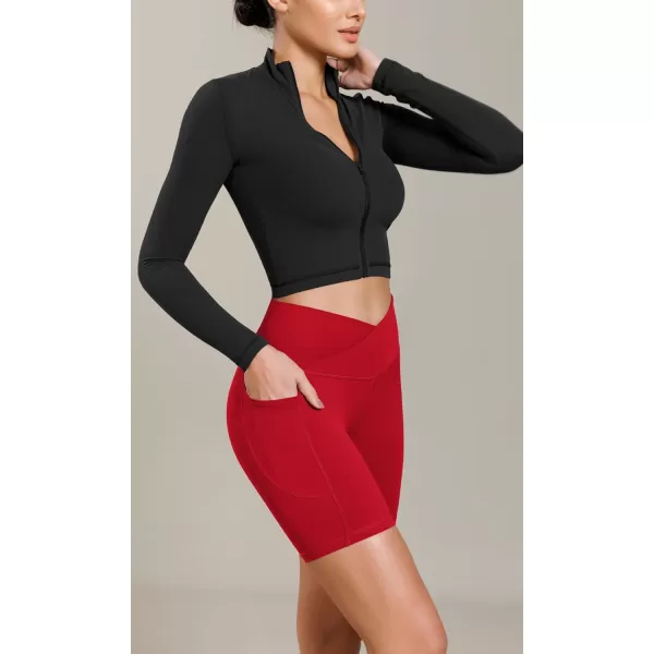 ODODOS Cloud Feeling Cross Waist Yoga Shorts with Pockets for Women 6quot Crossover High Waist Lounge Biker ShortsRed