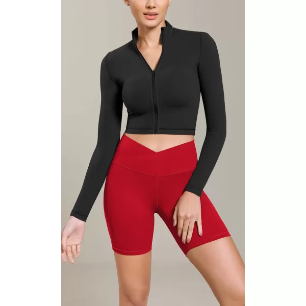 ODODOS Cloud Feeling Cross Waist Yoga Shorts with Pockets for Women 6quot Crossover High Waist Lounge Biker ShortsRed