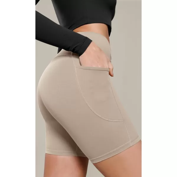ODODOS Cloud Feeling Cross Waist Yoga Shorts with Pockets for Women 6quot Crossover High Waist Lounge Biker ShortsShaker Beige