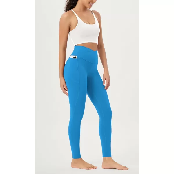 ODODOS Cloud Feeling Crossover 78 Leggings with Pockets for Women 25quot  28quot V High Wasit Lounge Yoga PantsAzure