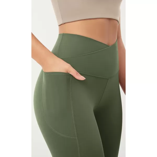 ODODOS Cloud Feeling Crossover 78 Leggings with Pockets for Women 25quot  28quot V High Wasit Lounge Yoga PantsDark Olive