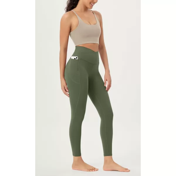 ODODOS Cloud Feeling Crossover 78 Leggings with Pockets for Women 25quot  28quot V High Wasit Lounge Yoga PantsDark Olive