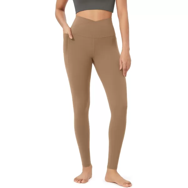 ODODOS Cloud Feeling Crossover 78 Leggings with Pockets for Women 25quot  28quot V High Wasit Lounge Yoga PantsLight Brown