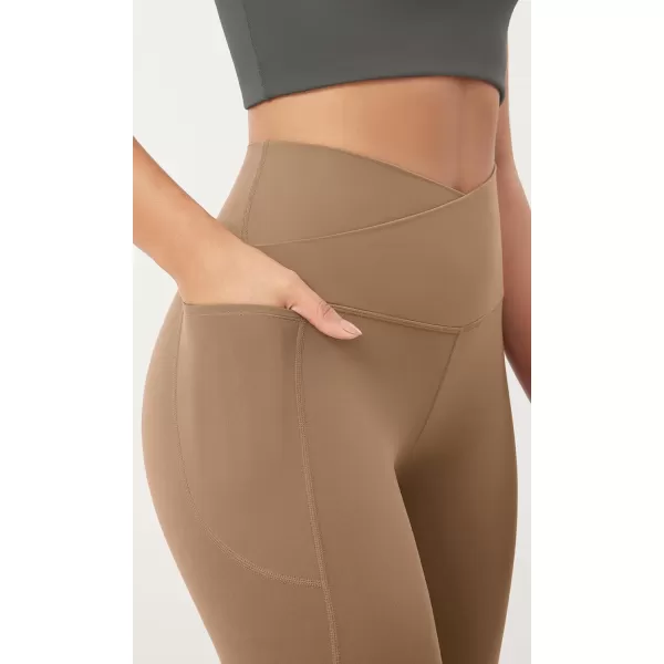 ODODOS Cloud Feeling Crossover 78 Leggings with Pockets for Women 25quot  28quot V High Wasit Lounge Yoga PantsLight Brown