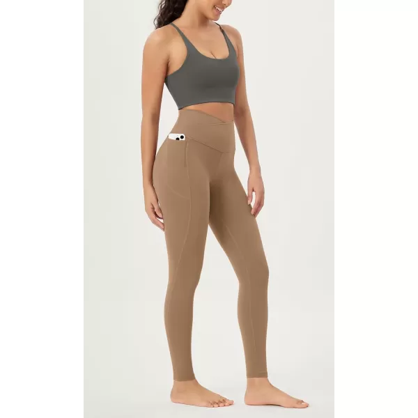 ODODOS Cloud Feeling Crossover 78 Leggings with Pockets for Women 25quot  28quot V High Wasit Lounge Yoga PantsLight Brown