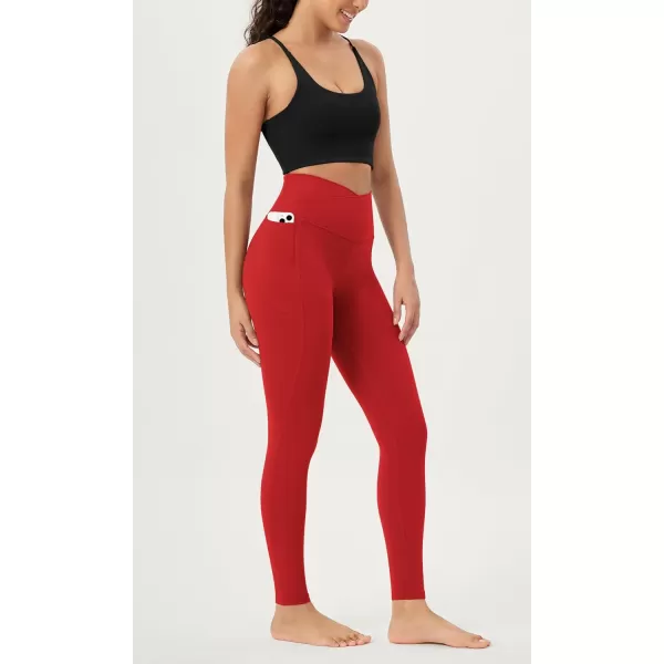 ODODOS Cloud Feeling Crossover 78 Leggings with Pockets for Women 25quot  28quot V High Wasit Lounge Yoga PantsRed