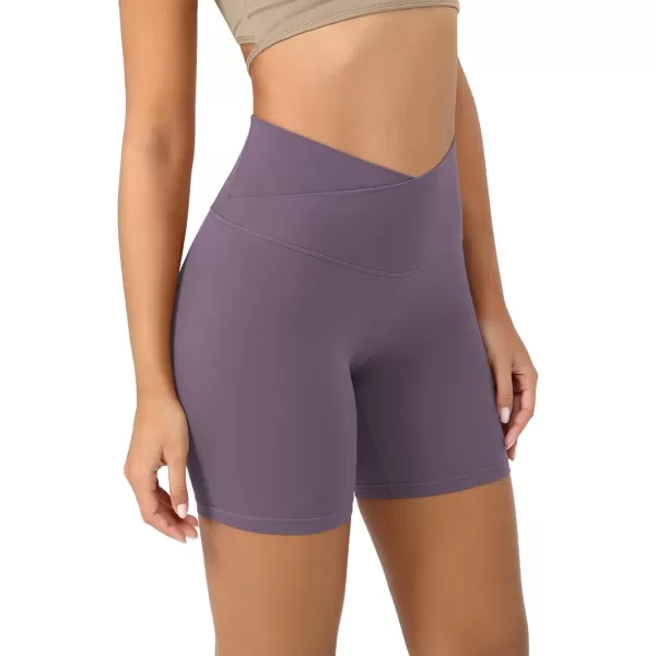 ODODOS Cloud Feeling Crossover Yoga Shorts with Back Pocket for Women 6quot  8 V High Wasit Lounge Biker ShortsAsh Violet