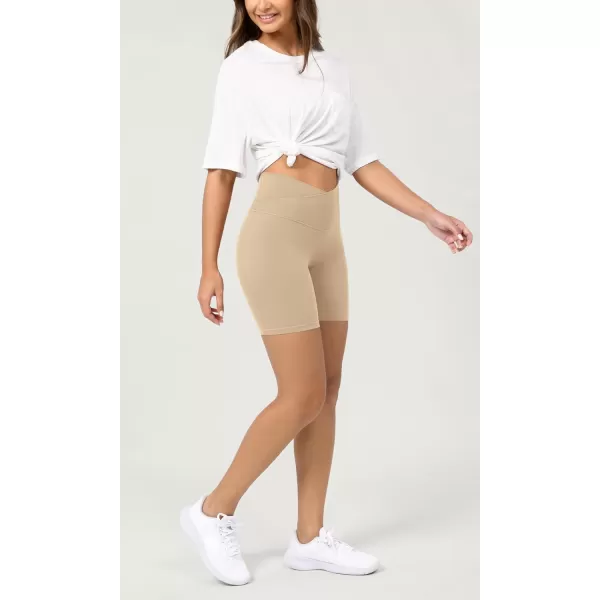 ODODOS Cloud Feeling Crossover Yoga Shorts with Back Pocket for Women 6quot  8 V High Wasit Lounge Biker ShortsBeige