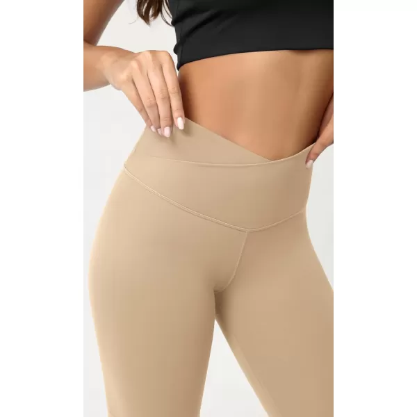 ODODOS Cloud Feeling Crossover Yoga Shorts with Back Pocket for Women 6quot  8 V High Wasit Lounge Biker ShortsBeige
