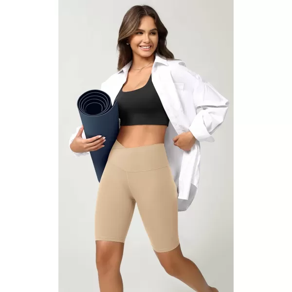 ODODOS Cloud Feeling Crossover Yoga Shorts with Back Pocket for Women 6quot  8 V High Wasit Lounge Biker ShortsBeige