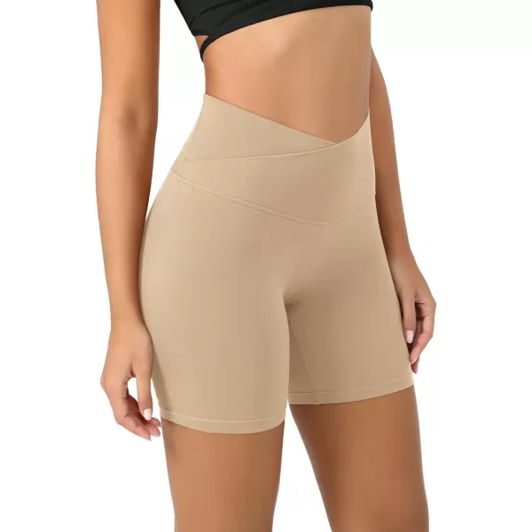 ODODOS Cloud Feeling Crossover Yoga Shorts with Back Pocket for Women 6quot  8 V High Wasit Lounge Biker ShortsBeige